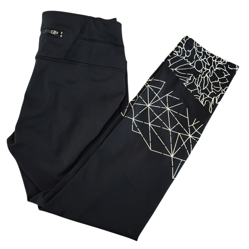 Athleta Womens XXS Black Geometric Floral Graphic Print Zipper Pocket Leggings